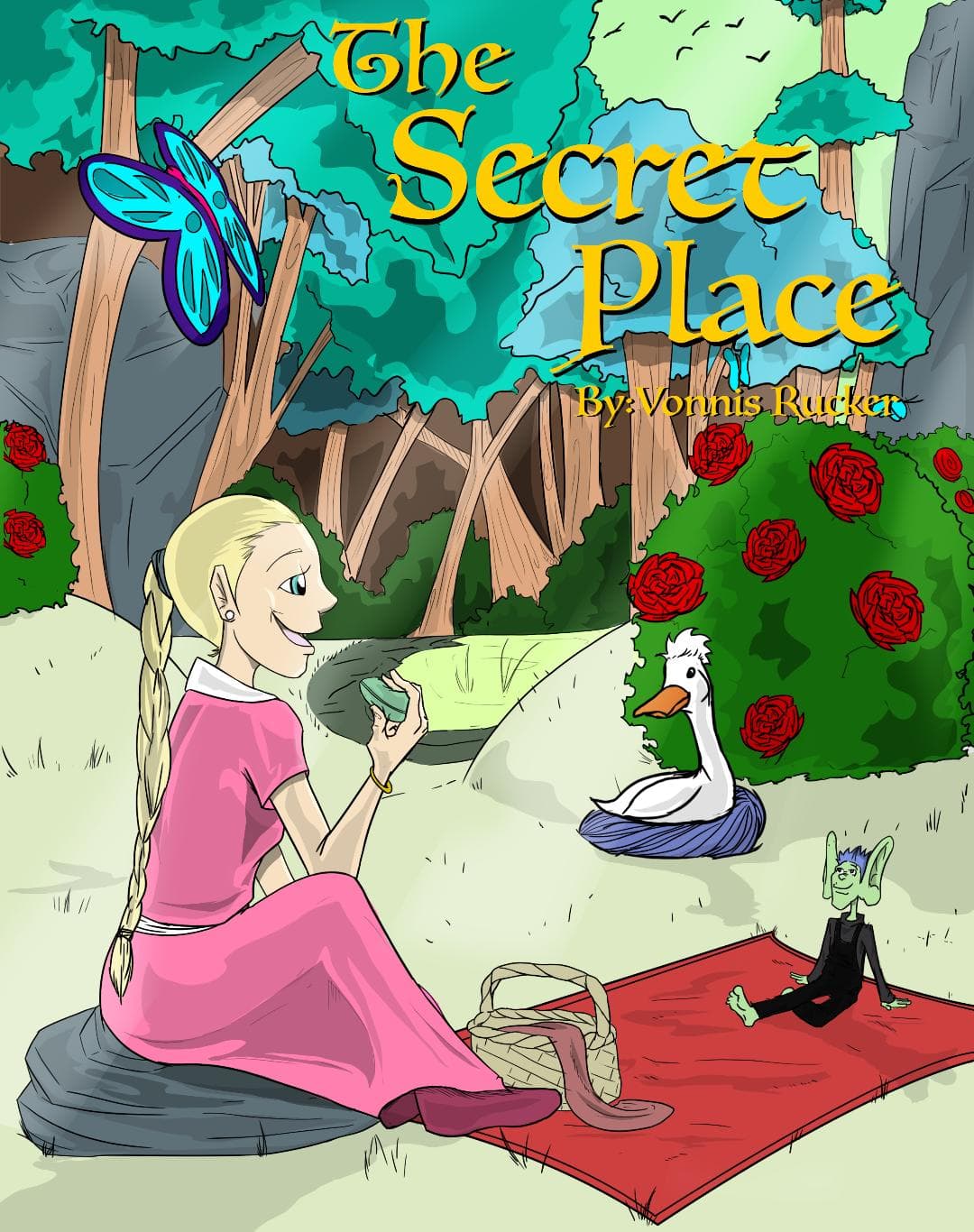 The Secret Place book cover — Cure sits with a swan beside a rose bush while tiny Zeek watches nearby