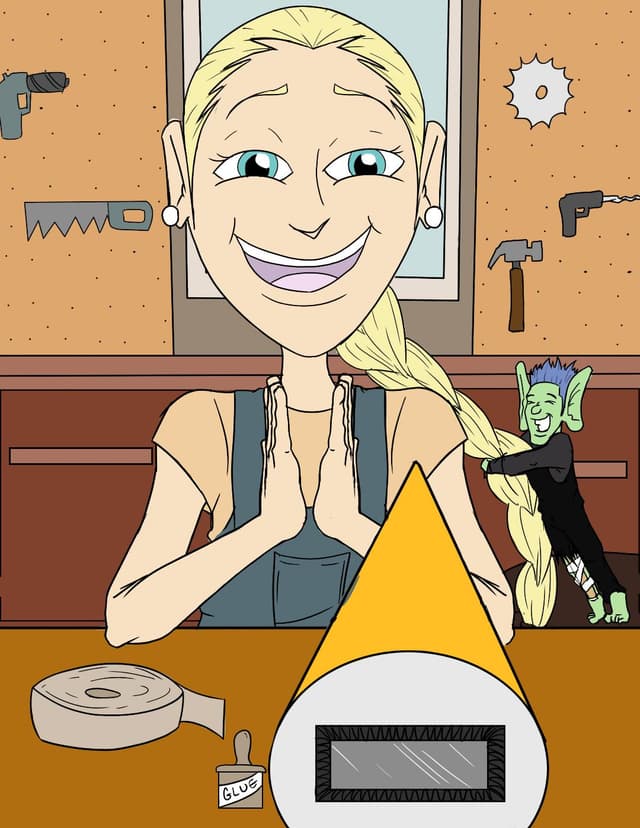 Cure smiling while working on Zeek's small spaceship on the workbench