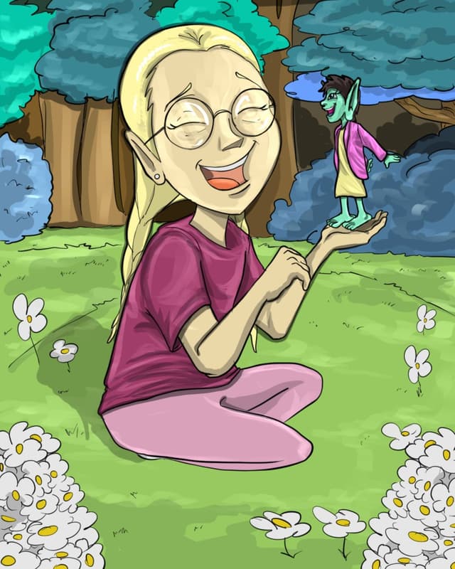 Grown-up Cure laughing among the daisies, holding an older Zeek with a grey beard in her palm