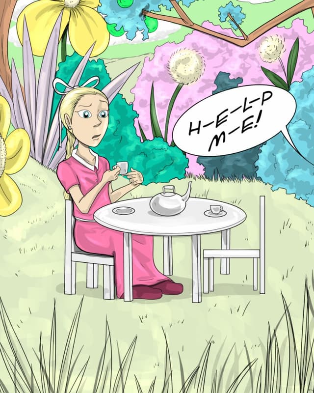 Cure at a tea party in the flowers, startled by a speech bubble reading HELP ME