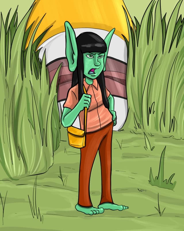 A tiny green girl named Cure, Zeek's daughter, standing in the tall grass near the spaceship
